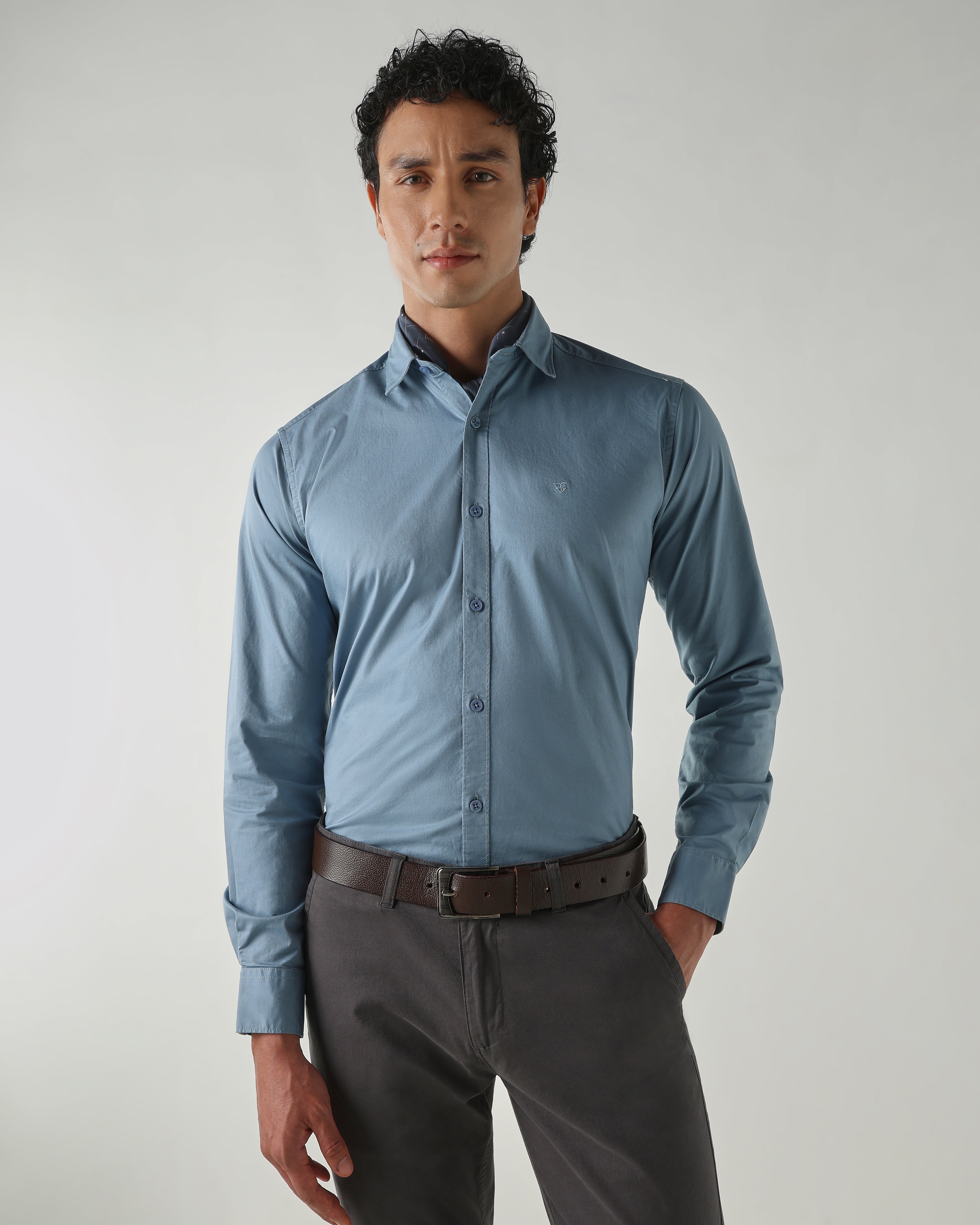 Men Slim Fit Shirts Mid Blue