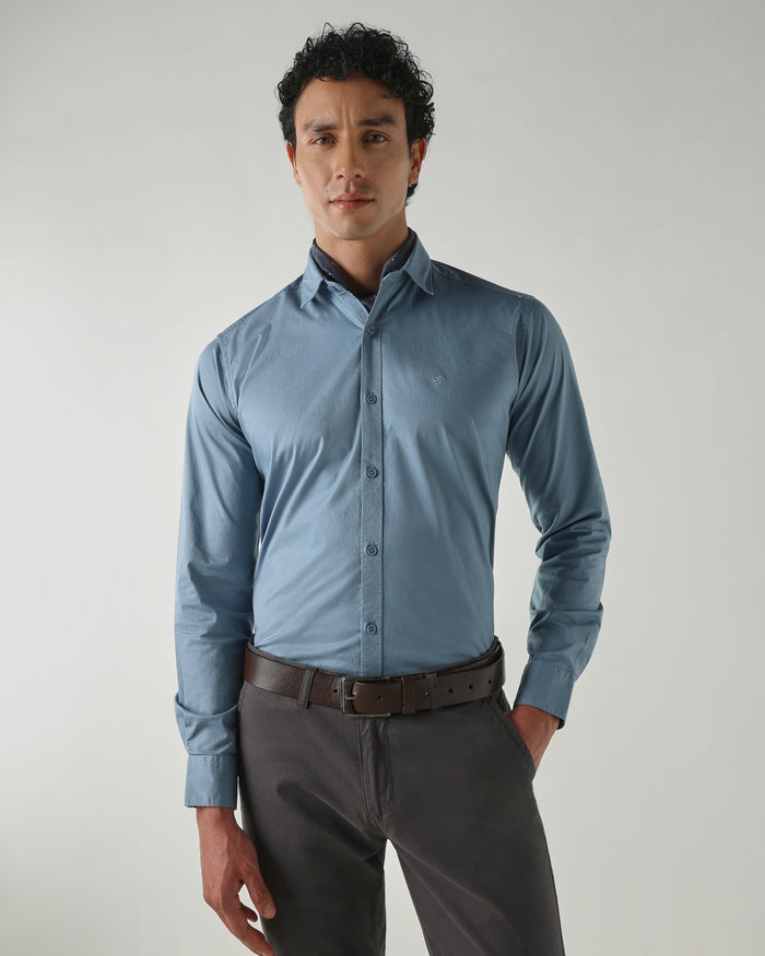 Men's Cotton Stretch Plain Slim Fit Full Sleeve Casual Shirt - Blue