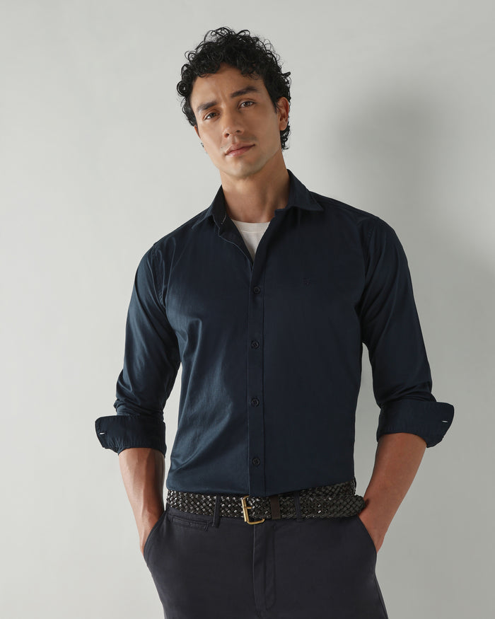 Men's Cotton Stretch Plain Slim Fit Full Sleeve Casual Shirt - Blue