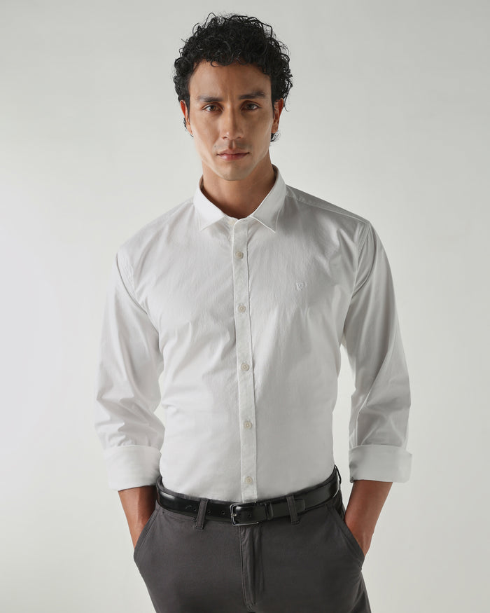 Men's Cotton Stretch Plain Slim Fit Full Sleeve Casual Shirt - White