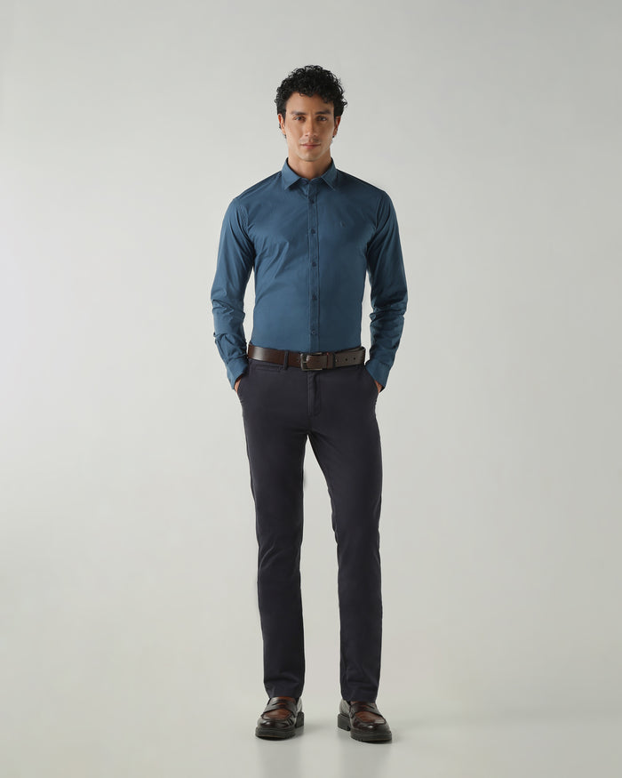 Men's Cotton Stretch Plain Slim Fit Full Sleeve Casual Shirt - Blue