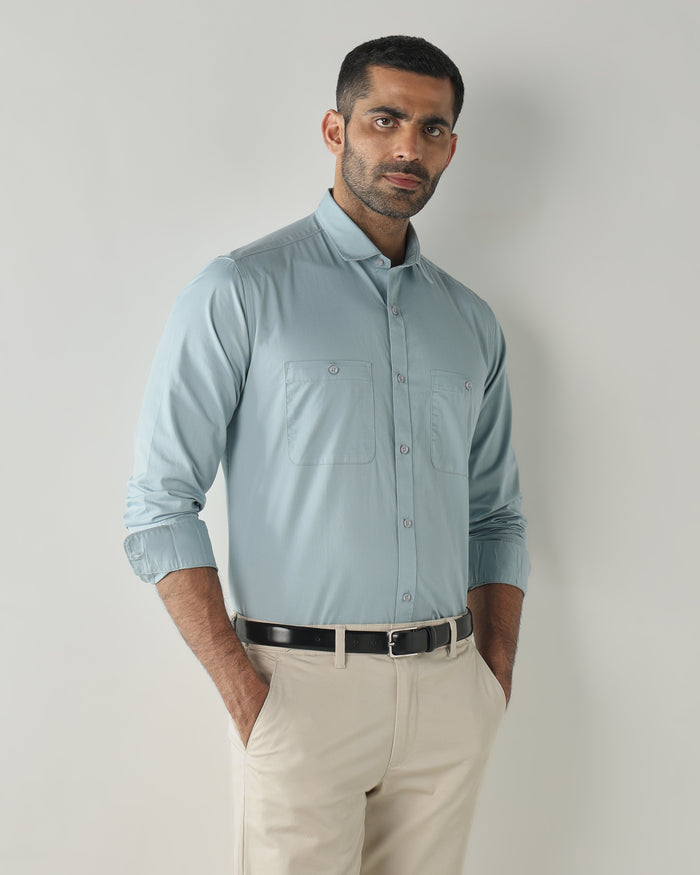 Men's Pure Cotton Plain Slim Fit Full Sleeve Casual Shirt - Blue