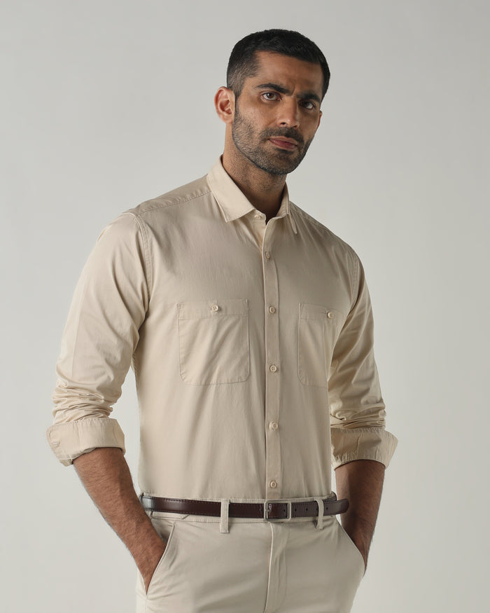 Men's Pure Cotton Plain Slim Fit Full Sleeve Casual Shirt - Off White