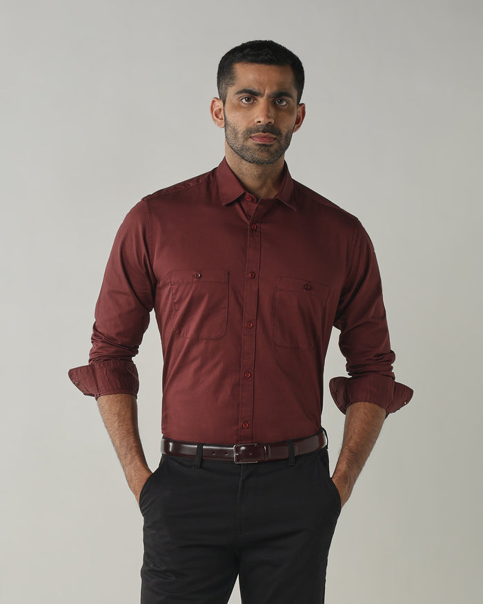 Men's Pure Cotton Plain Slim Fit Full Sleeve Casual Shirt - Brown