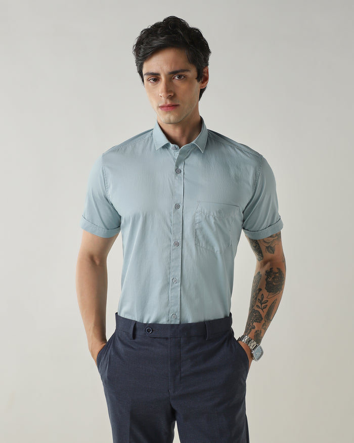 Men's Pure Cotton Plain Slim Fit Half Sleeve Casual Shirt - Blue