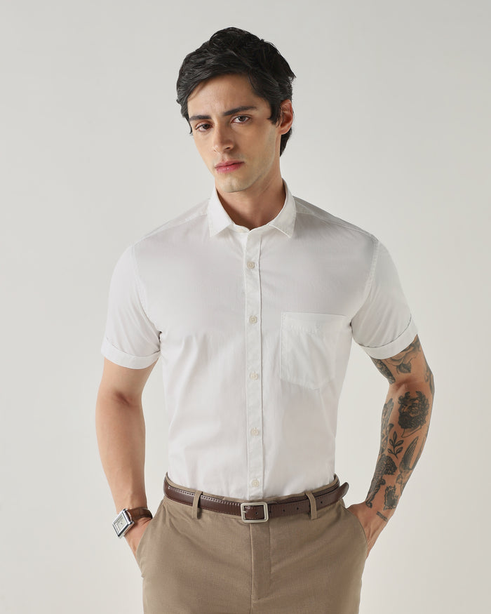 Men's Pure Cotton Plain Slim Fit Half Sleeve Casual Shirt - White