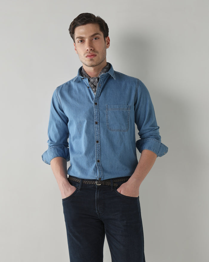 Men Slim Fit Denim Shirt - Light Blue