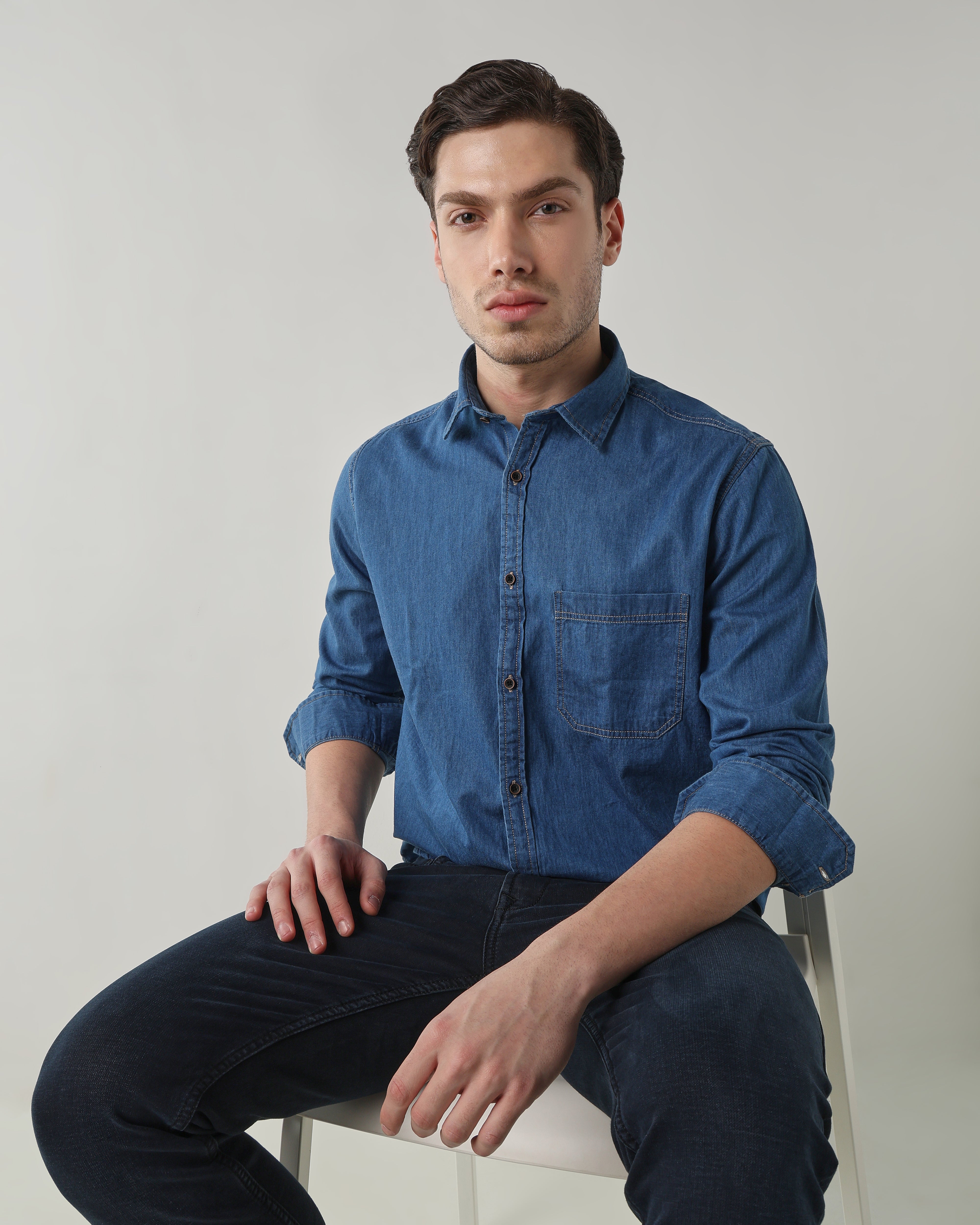 Men Slim Fit Denim Shirt - Medium Blue