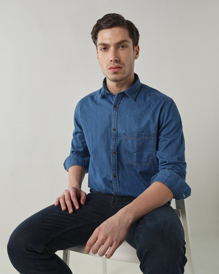 Men Slim Fit Denim Shirt - Medium Blue