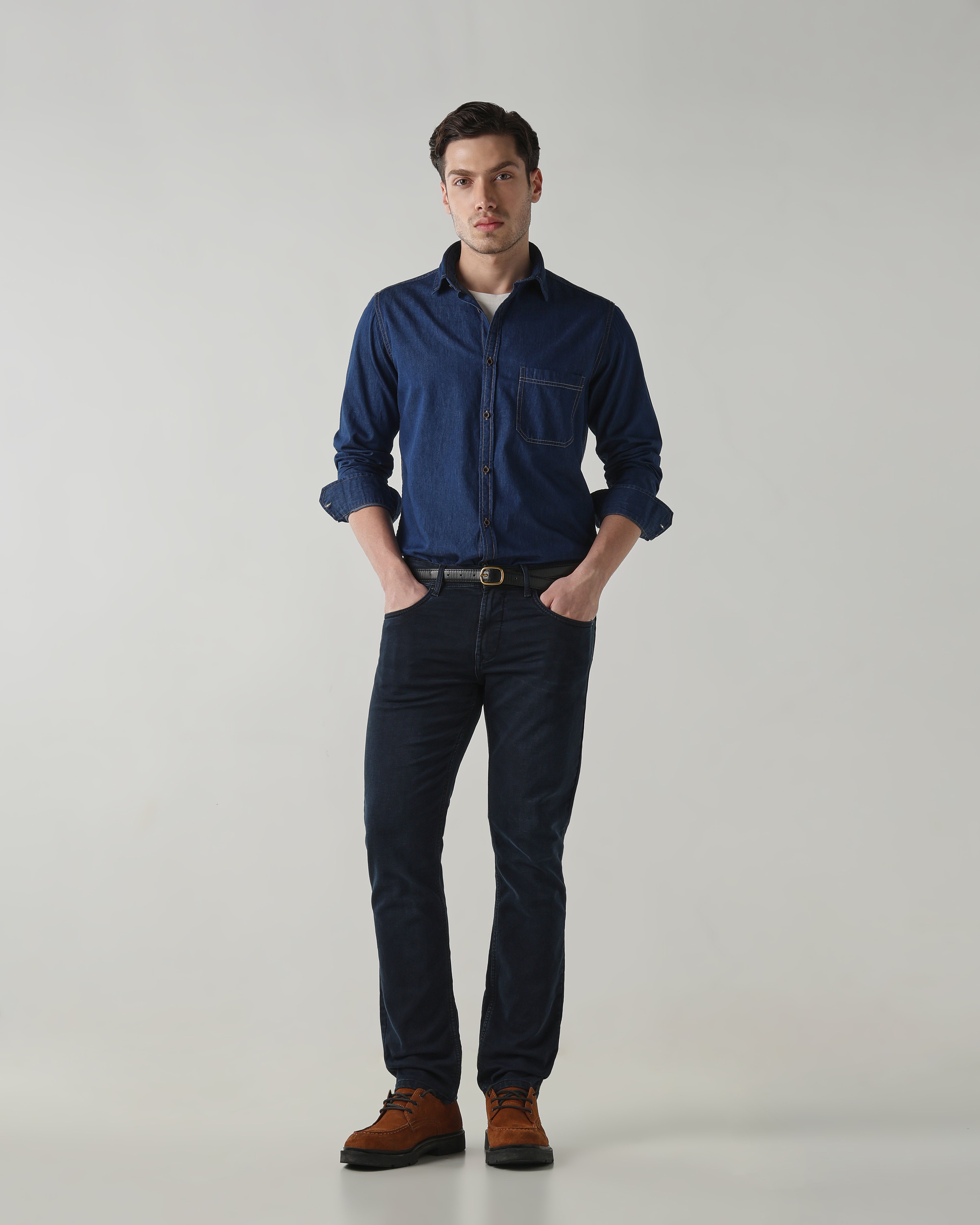 Men Slim Fit Denim Shirt - Dark Blue