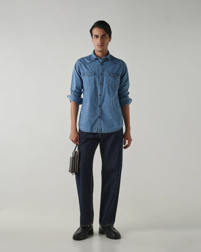 Men Slim Fit Denim Shirt- Light Blue