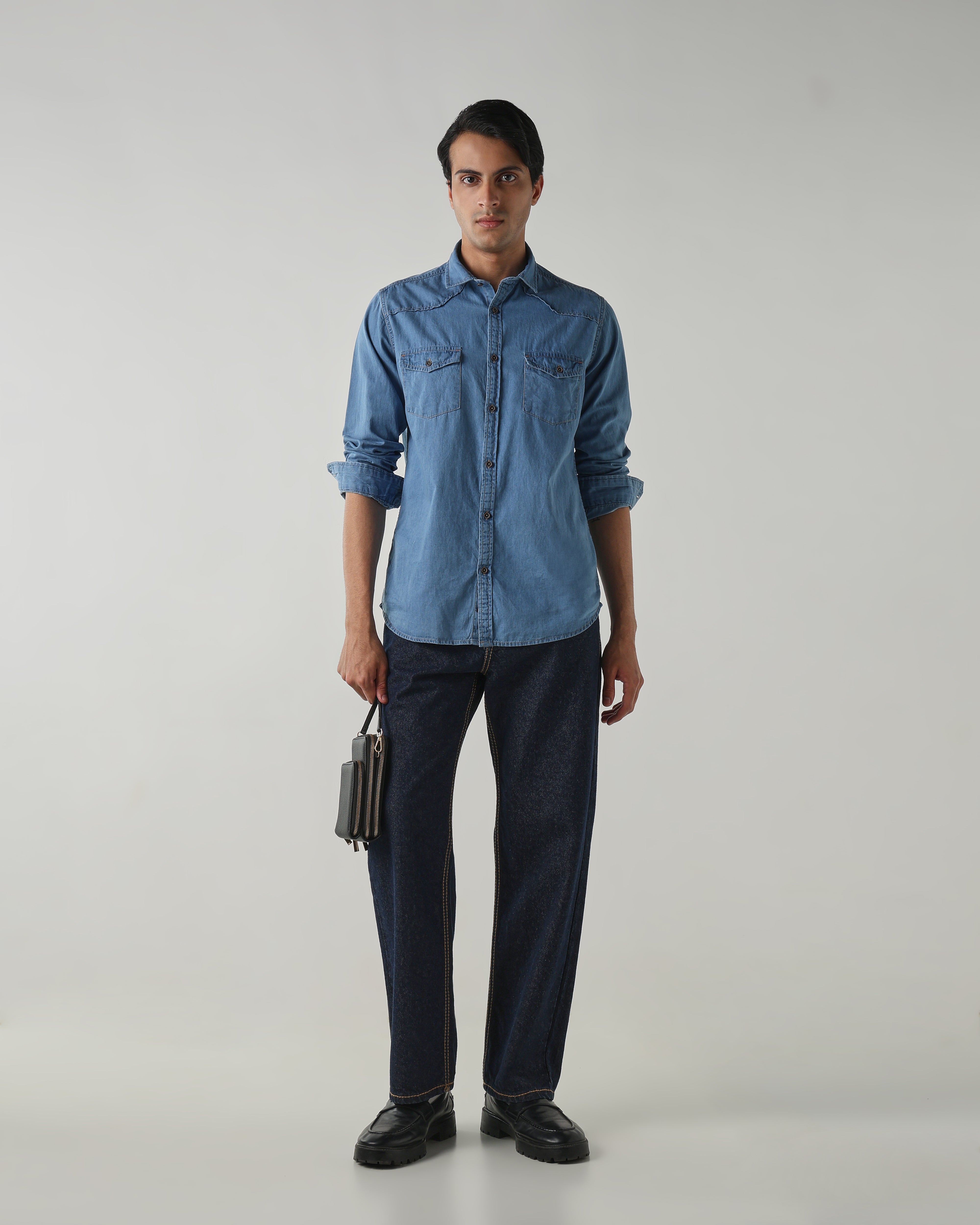 Men Slim Fit Denim Shirt- Light Blue