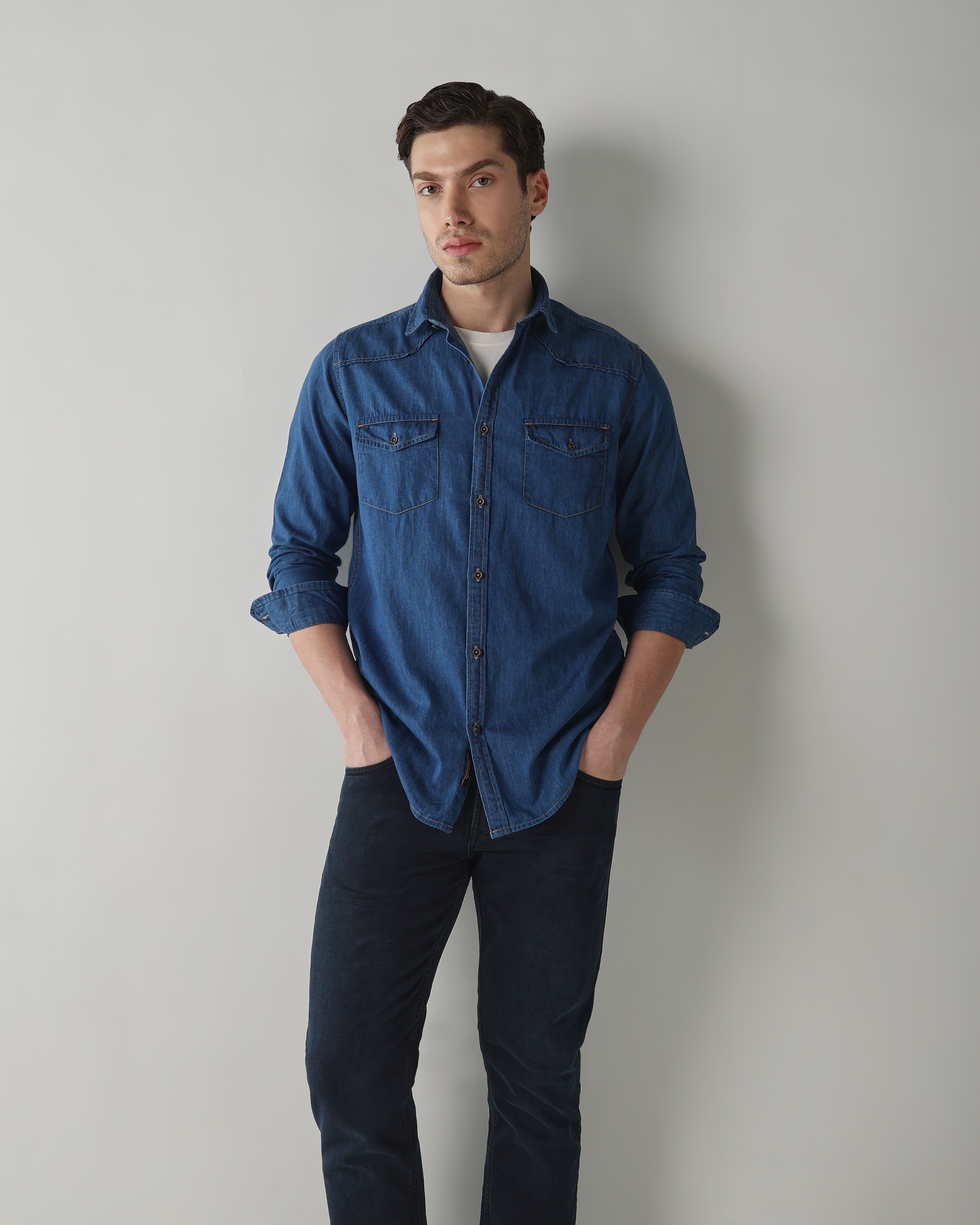 Men Slim Fit Denim Shirt - Medium Blue