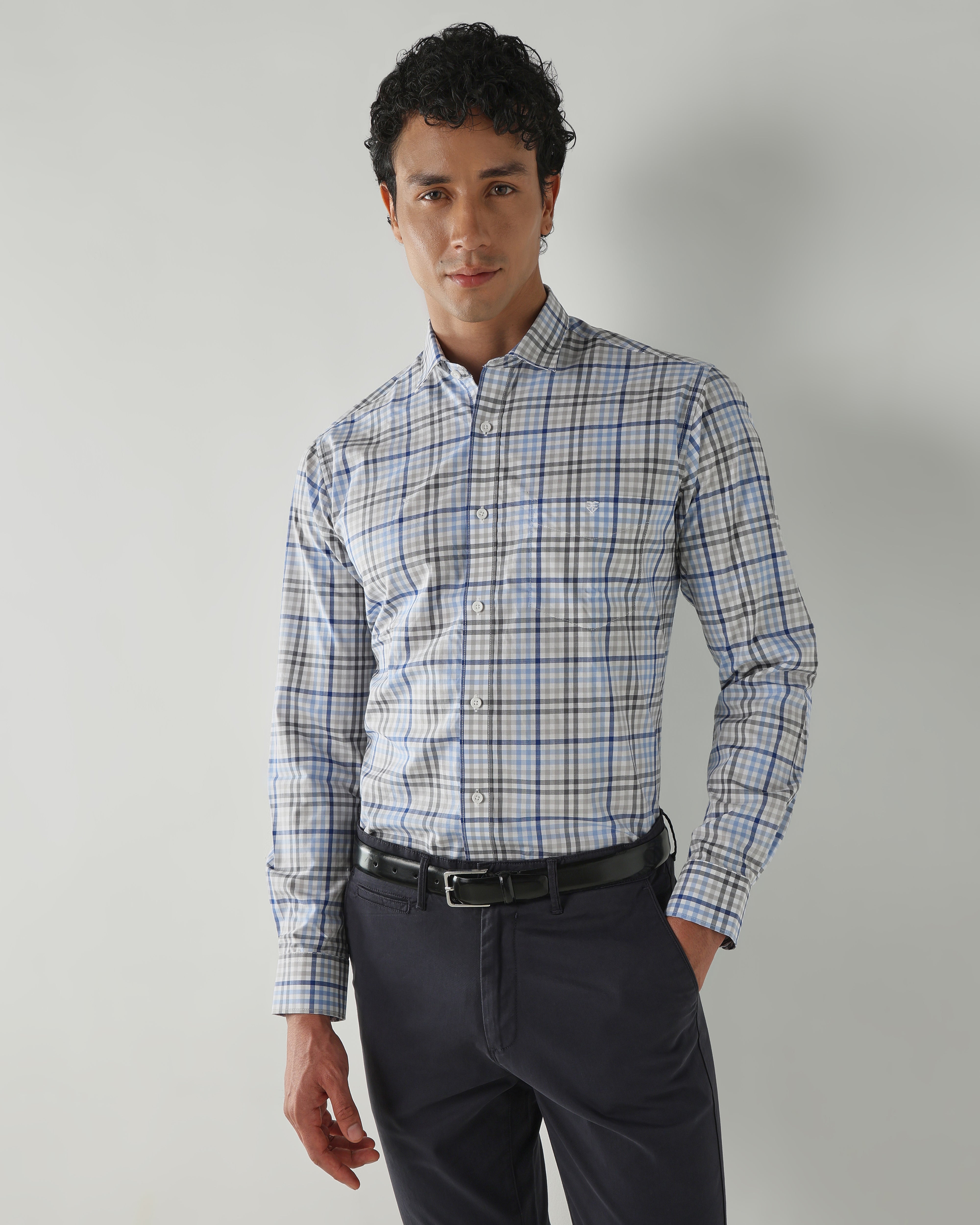 Men Slim Fit Shirts Grey/Blue/White