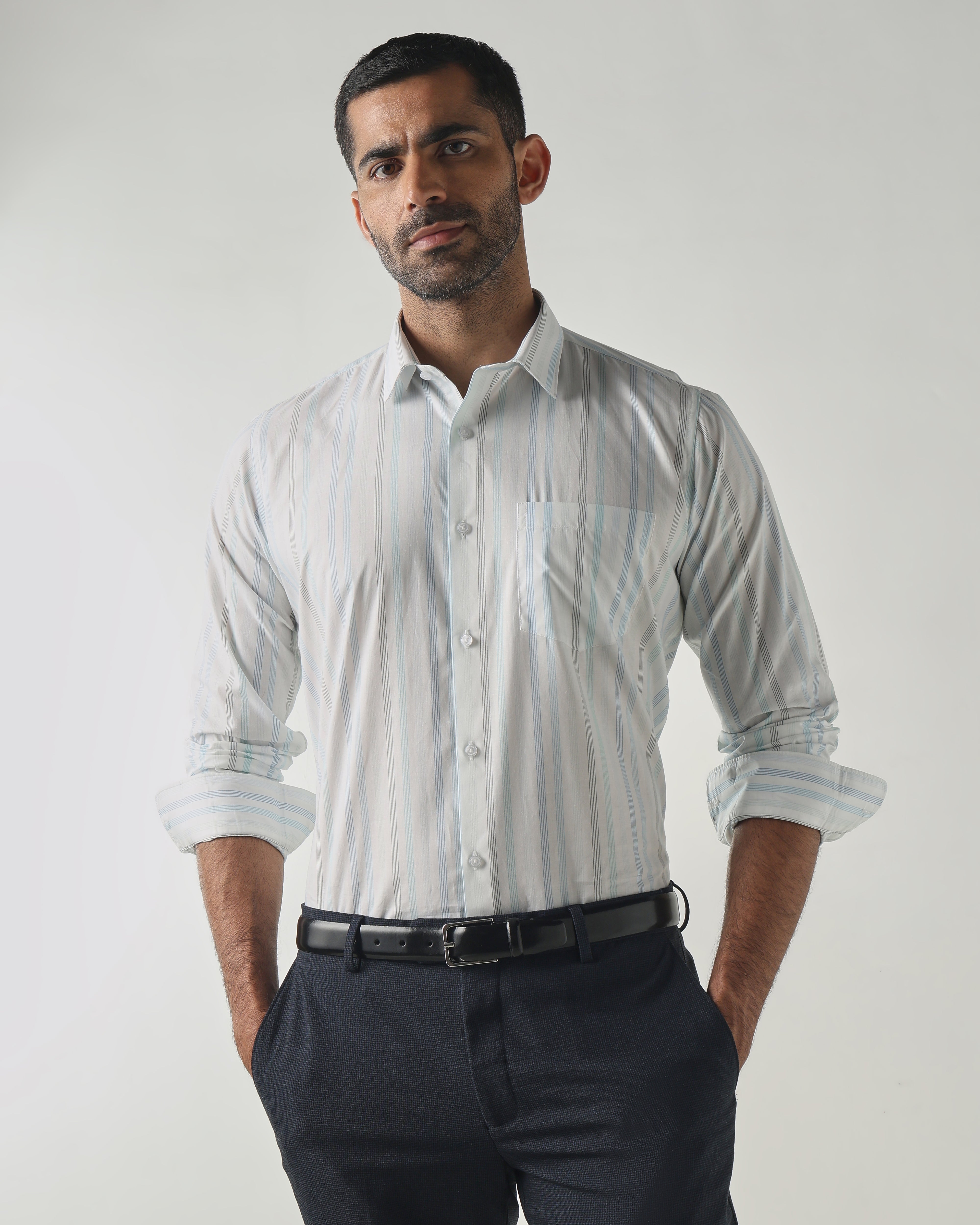 White/Blue Slim Fit Formal Essential Shirts