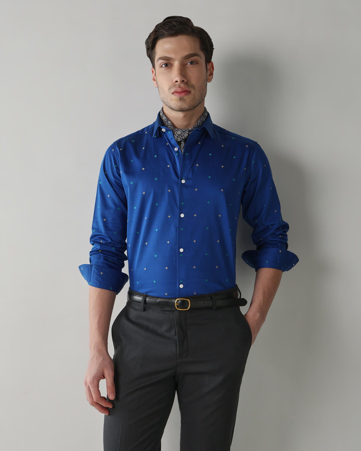 Men's Pure Cotton Jacquard Jacquard Dobby Slim Fit Full Sleeve Formal Shirt - Blue