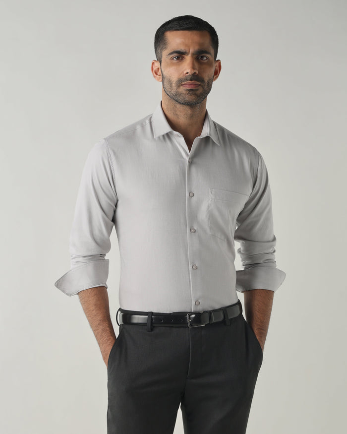 Men's Pure Cotton Dobby Dobby Slim Fit Full Sleeve Formal Shirt - Light Grey