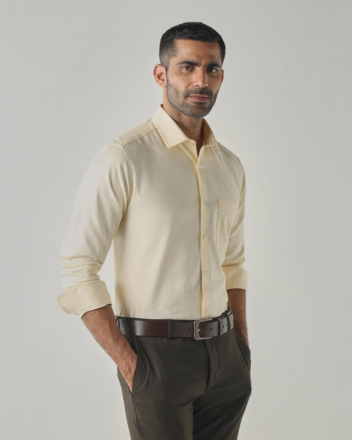 Men's Pure Cotton Dobby Dobby Slim Fit Full Sleeve Formal Shirt - Light Yellow