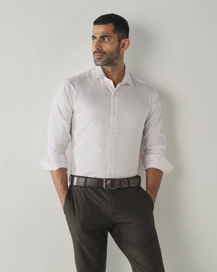 Men's Pure Cotton Stripe Stripe Slim Fit Full Sleeve Formal Shirt - White & Red