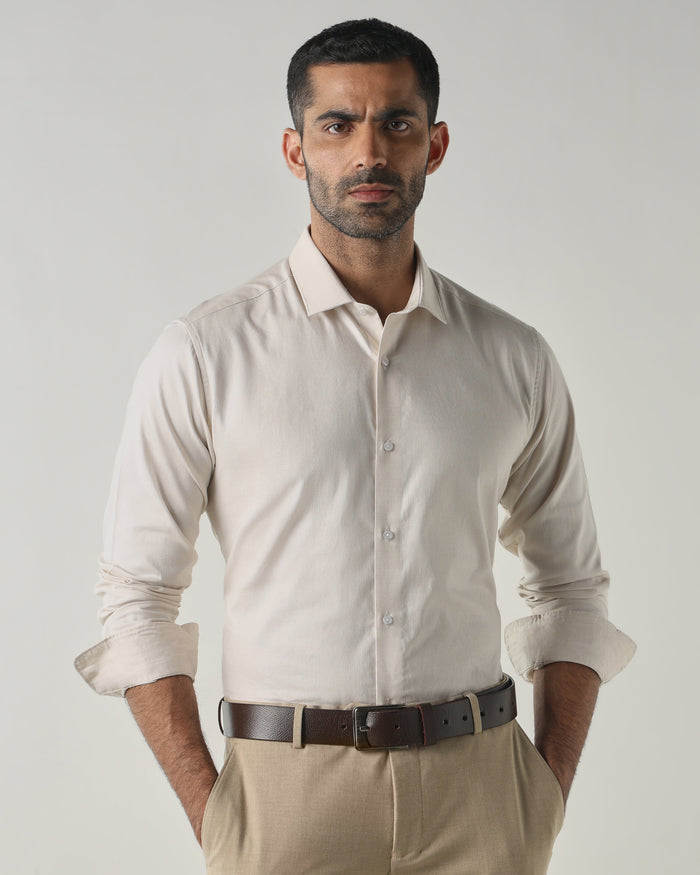 Men's Pure Cotton Dobby Dobby Slim Fit Full Sleeve Formal Shirt - Beige