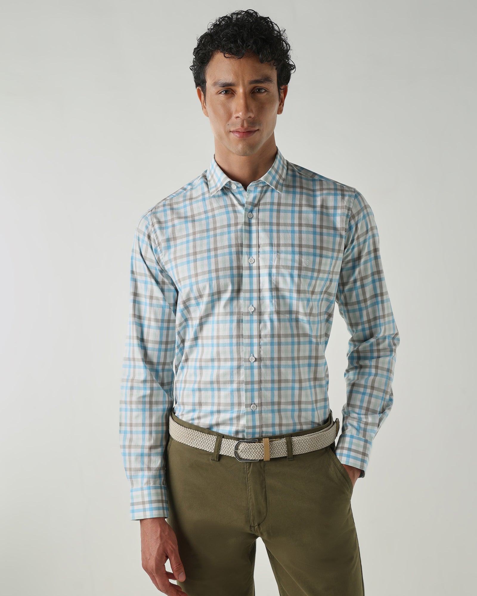Men Slim Fit Shirts Aqua/Green/Brown