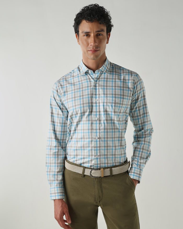 Men's Pure Cotton Checks Slim Fit Full Sleeve Casual Shirt - White & Blue