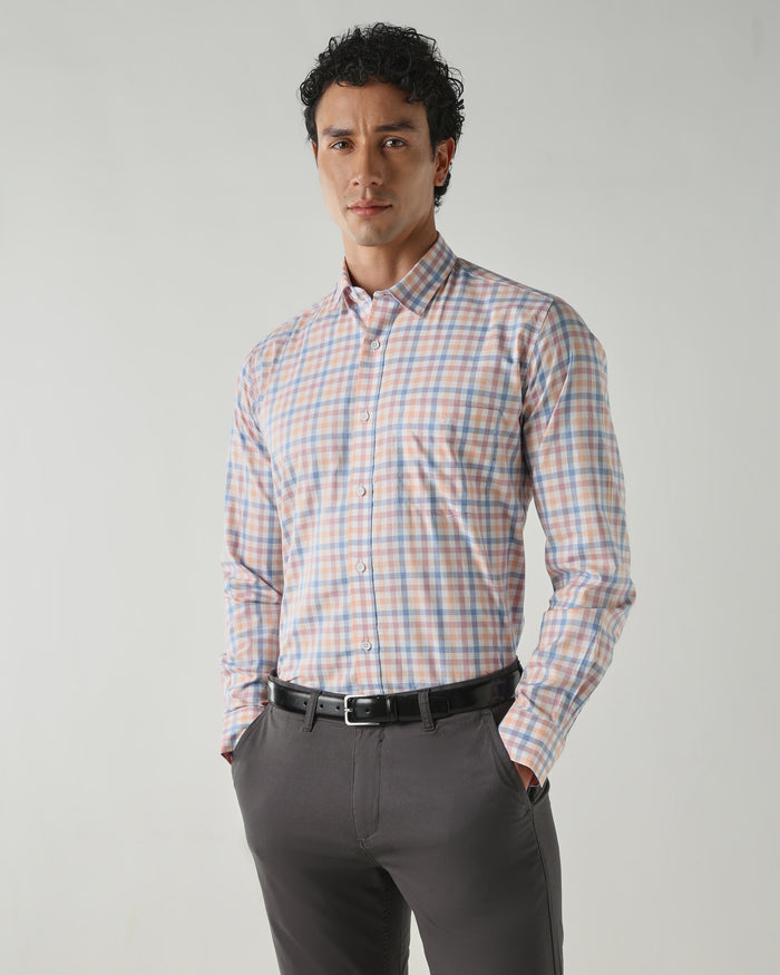 Men's Pure Cotton Checks Slim Fit Full Sleeve Casual Shirt - White & Orange
