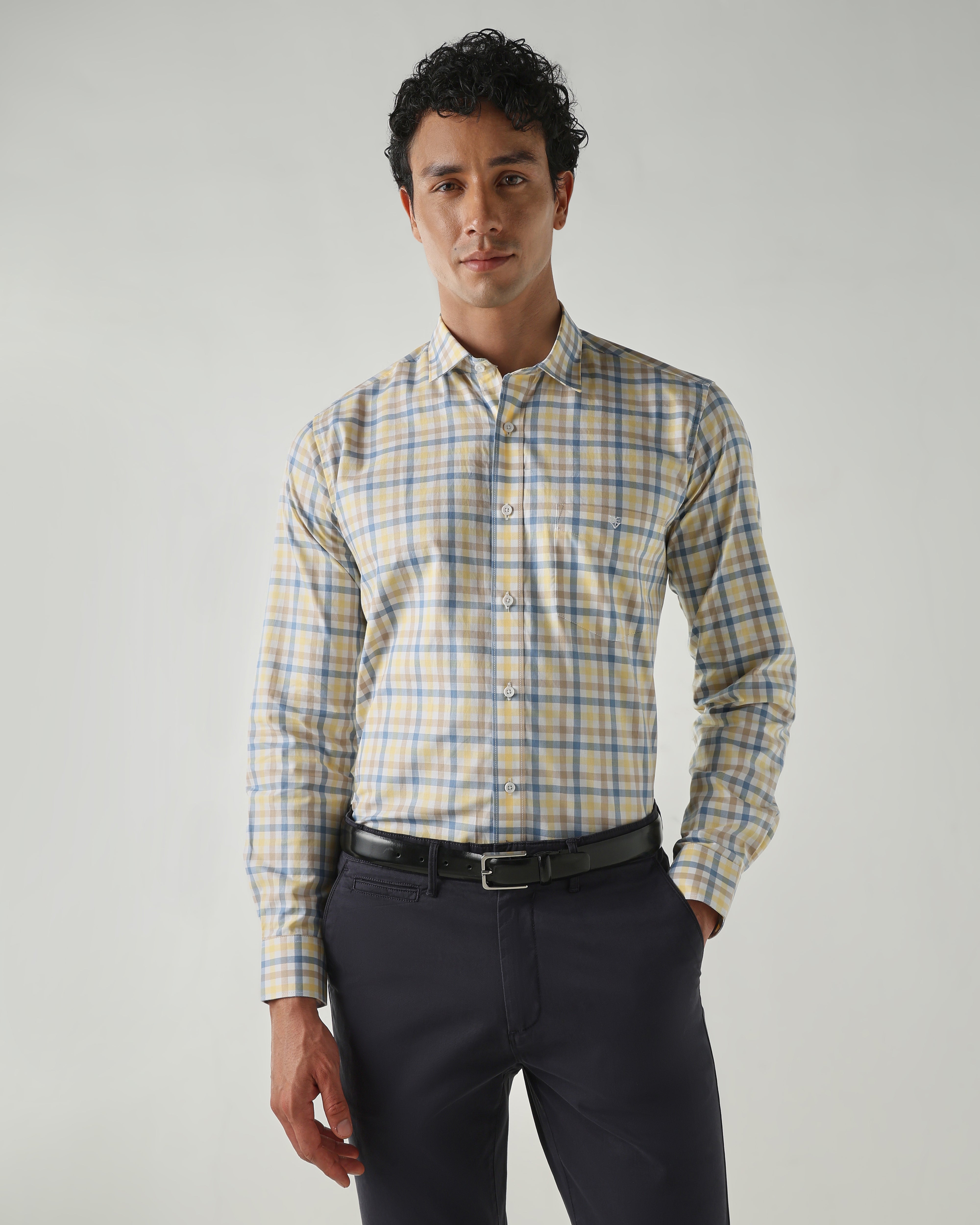 Men Slim Fit Shirts Yellow/Blue/Brown