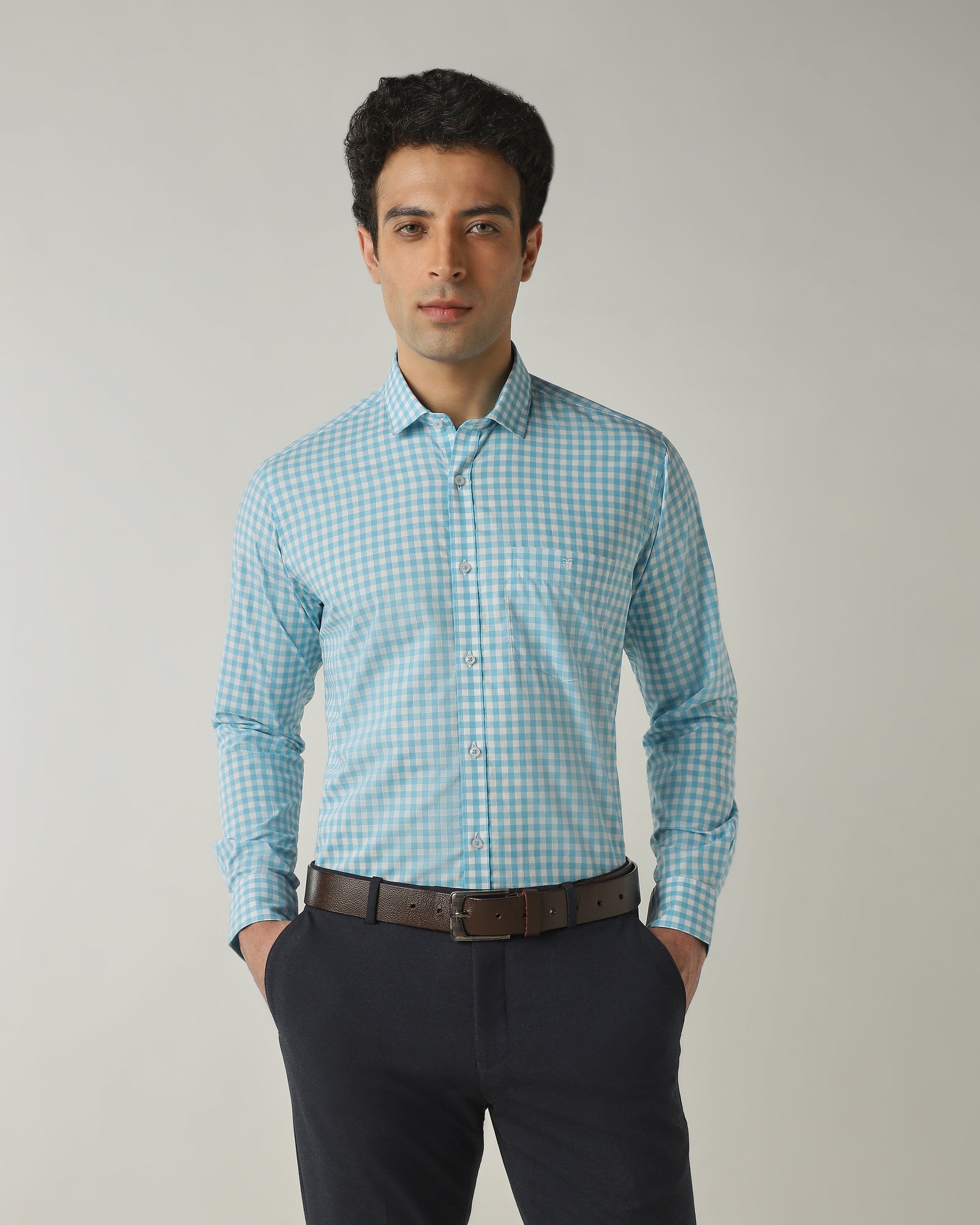 Shirt Aqua/White Slim Fit 100% Cotton