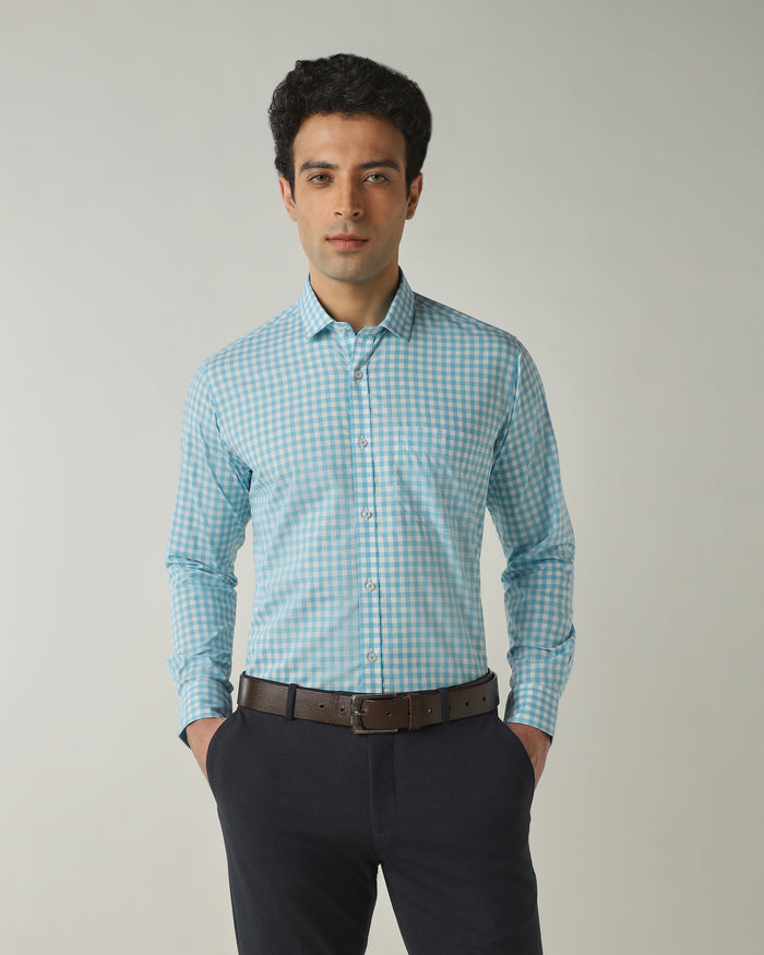 Men's Pure Cotton Checks Slim Fit Full Sleeve Casual Shirt - White & Blue