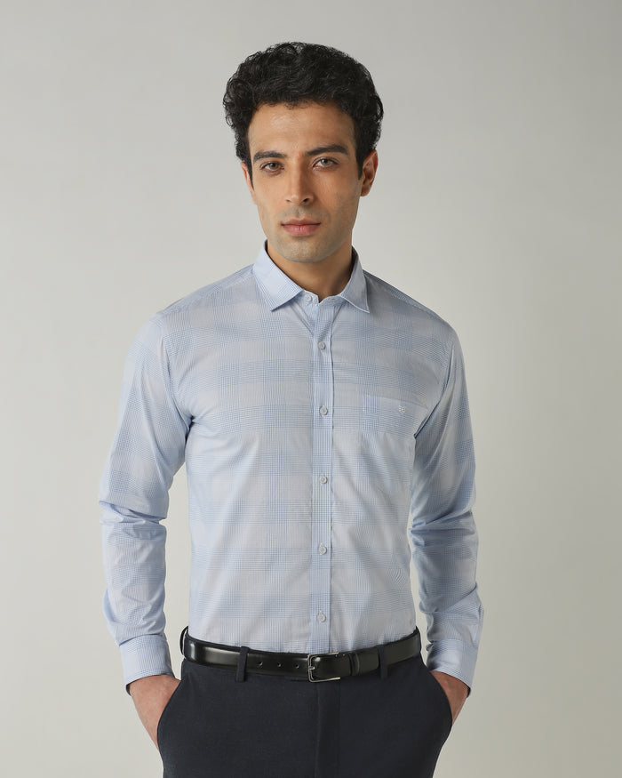 Men's Pure Cotton Checks Slim Fit Full Sleeve Casual Shirt - White & Blue