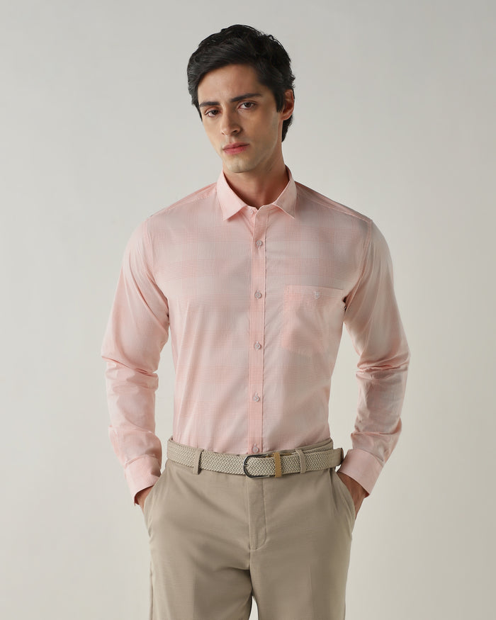 Men's Pure Cotton Checks Slim Fit Full Sleeve Casual Shirt - White & Orange