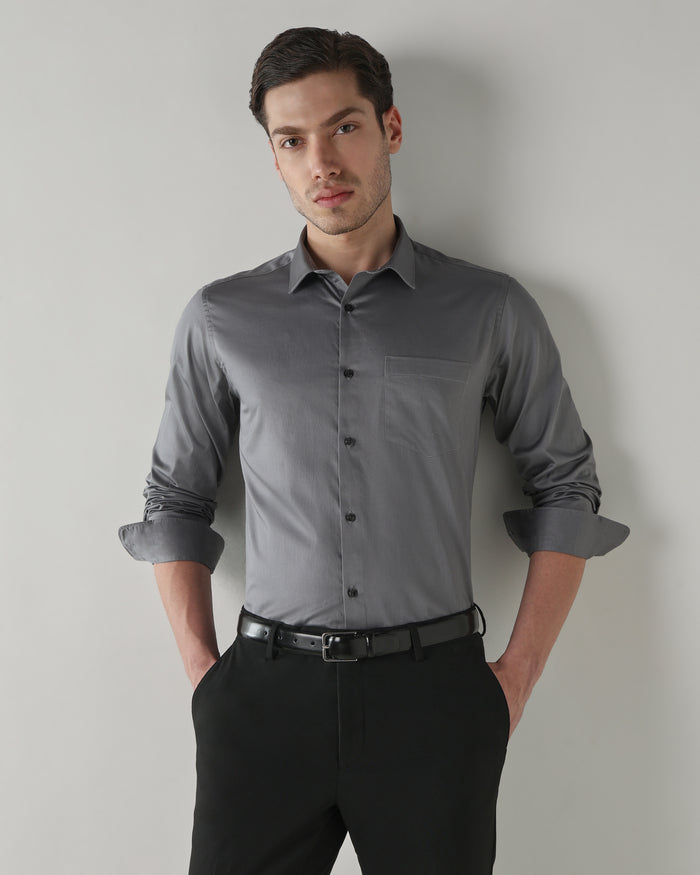 Men's Pure Cotton Dobby Slim Fit Full Sleeve Formal Shirt - Grey