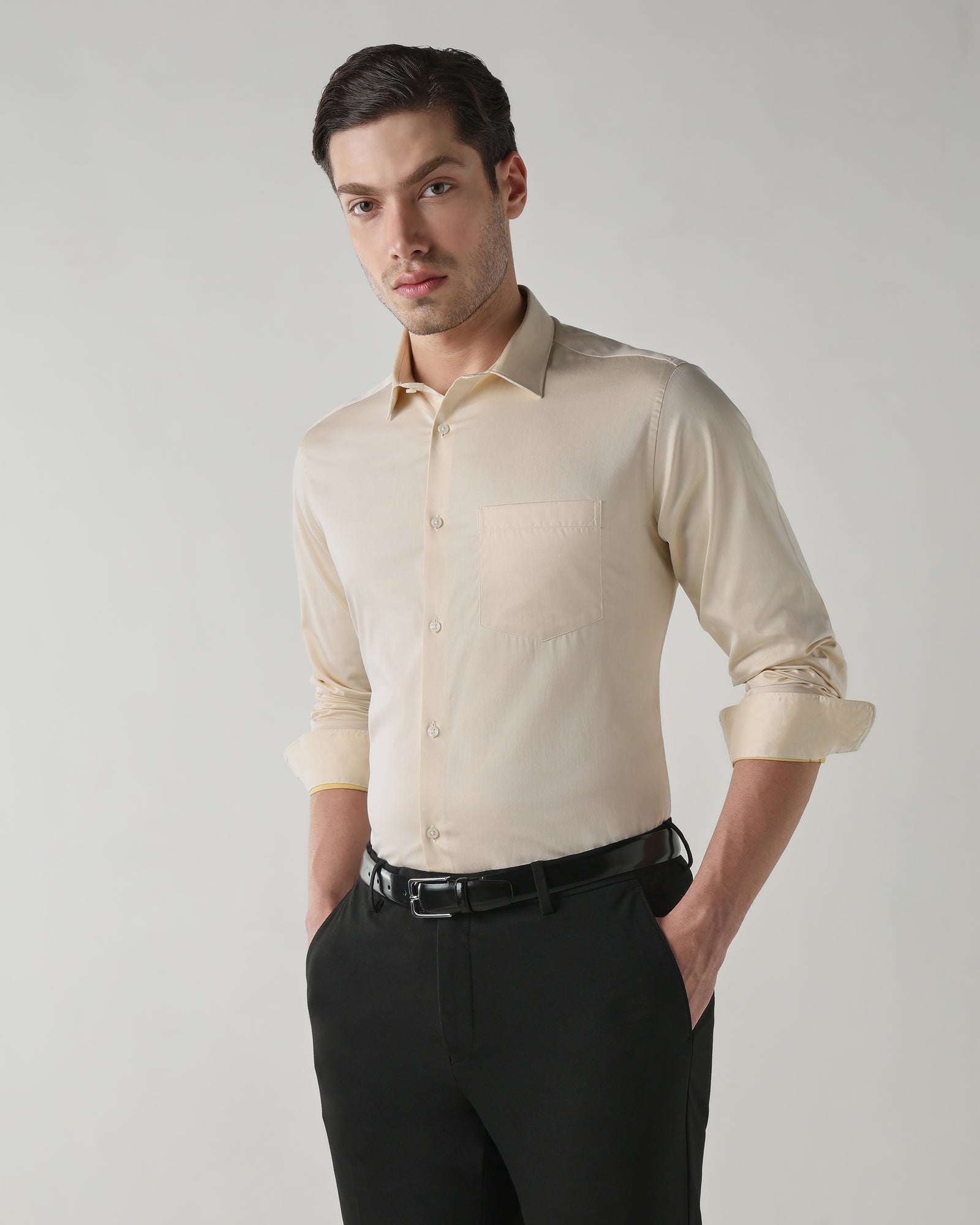 Men Slim Fit Shirt Light Yellow