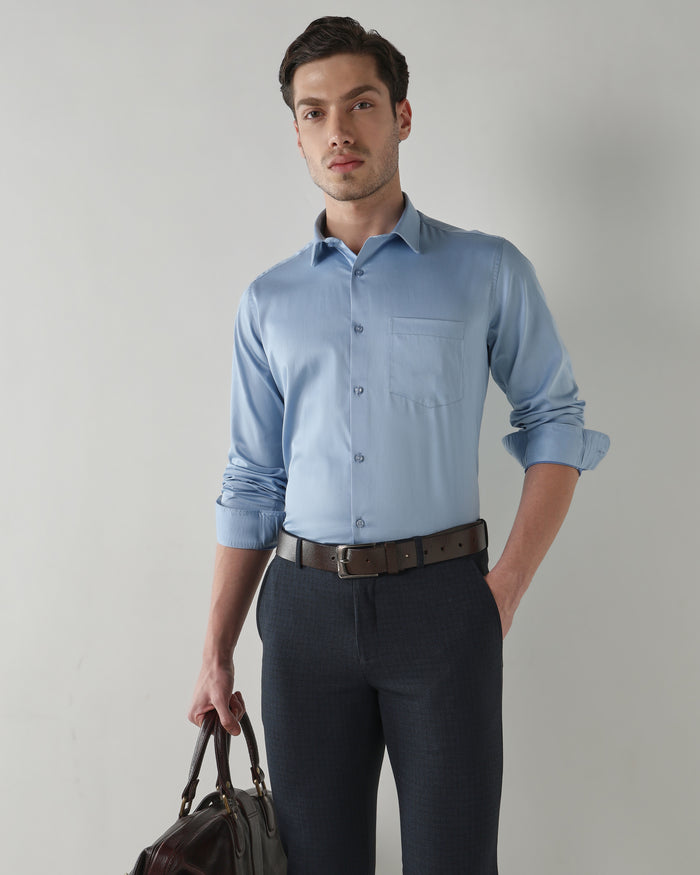 Men's Pure Cotton Dobby Slim Fit Full Sleeve Formal Shirt - Blue