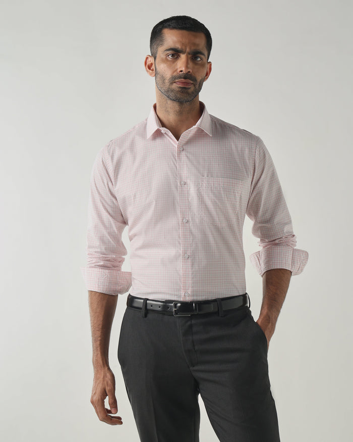 Men's Pure Cotton Checks Slim Fit Full Sleeve Formal Shirt - White & Pink