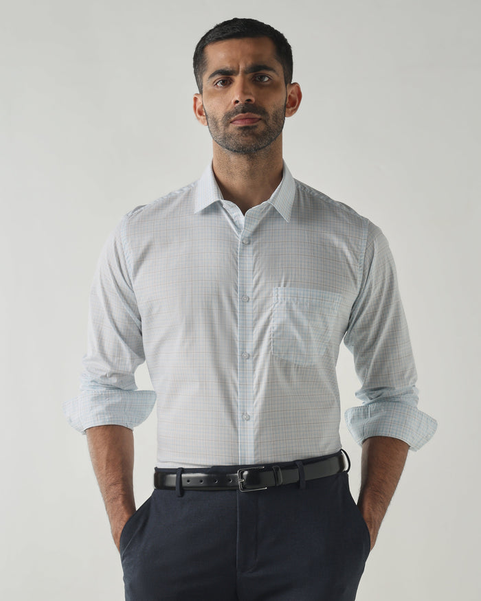 Men's Pure Cotton Checks Slim Fit Full Sleeve Formal Shirt - White & Blue