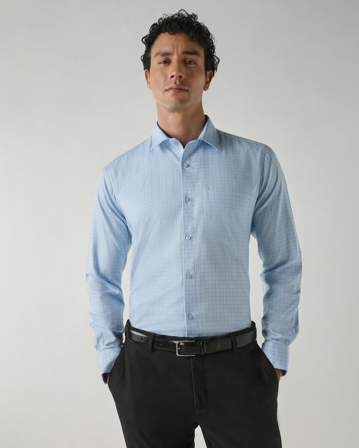 Men's Pure Cotton Dobby Checks Dobby Checks Slim Fit Full Sleeve Formal Shirt - Blue