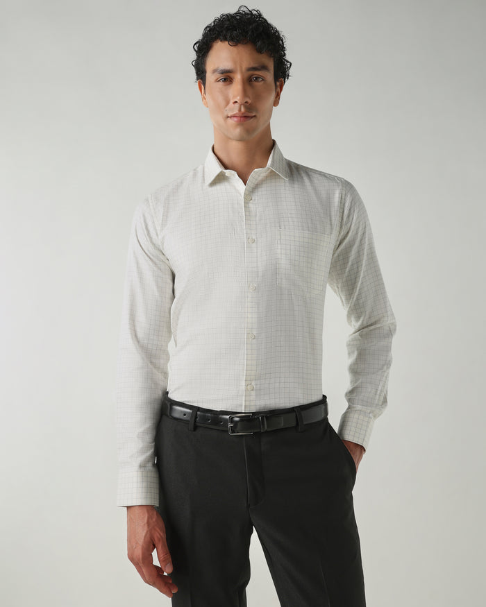 Men's Pure Cotton Dobby Checks Dobby Checks Slim Fit Full Sleeve Formal Shirt - Off White