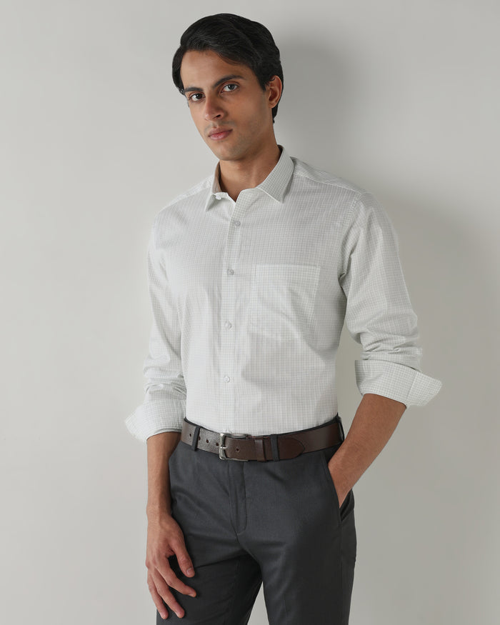 Men's Pure Cotton Dobby Checks Dobby Checks Regular Fit Full Sleeve Formal Shirt - White & Green
