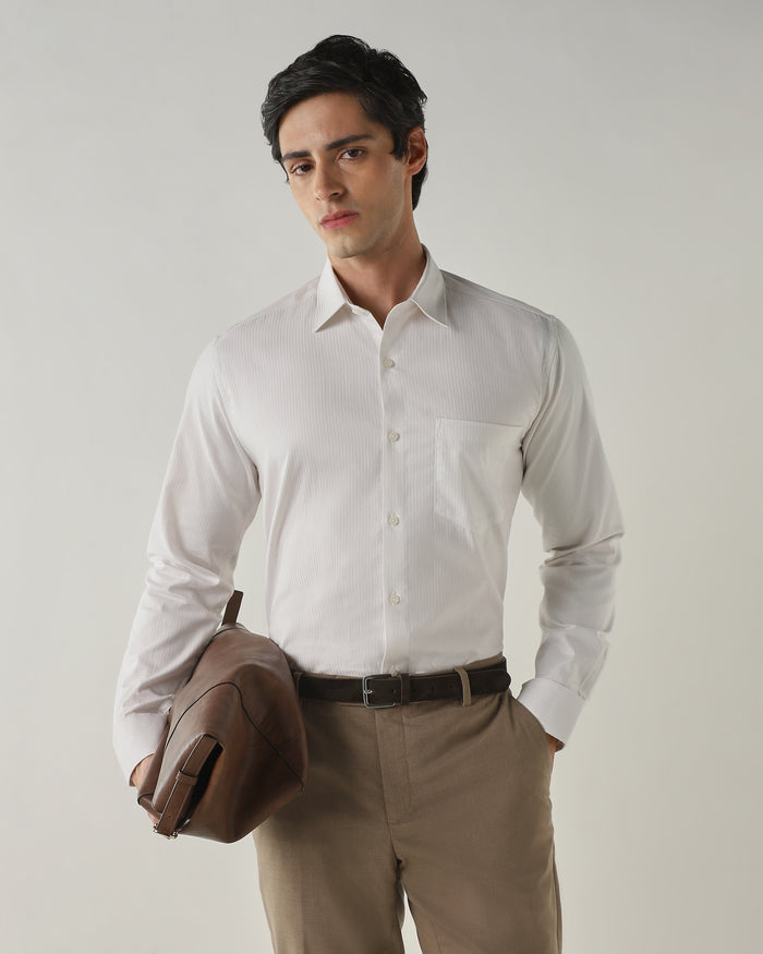 Men's Pure Cotton Stripe Stripe Slim Fit Full Sleeve Formal Shirt - White