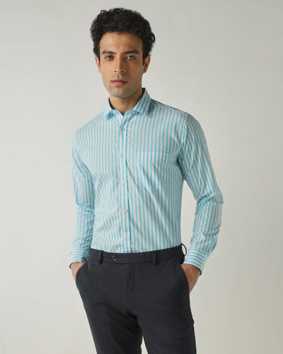 Shirt Aqua/White Slim Fit 100% Cotton