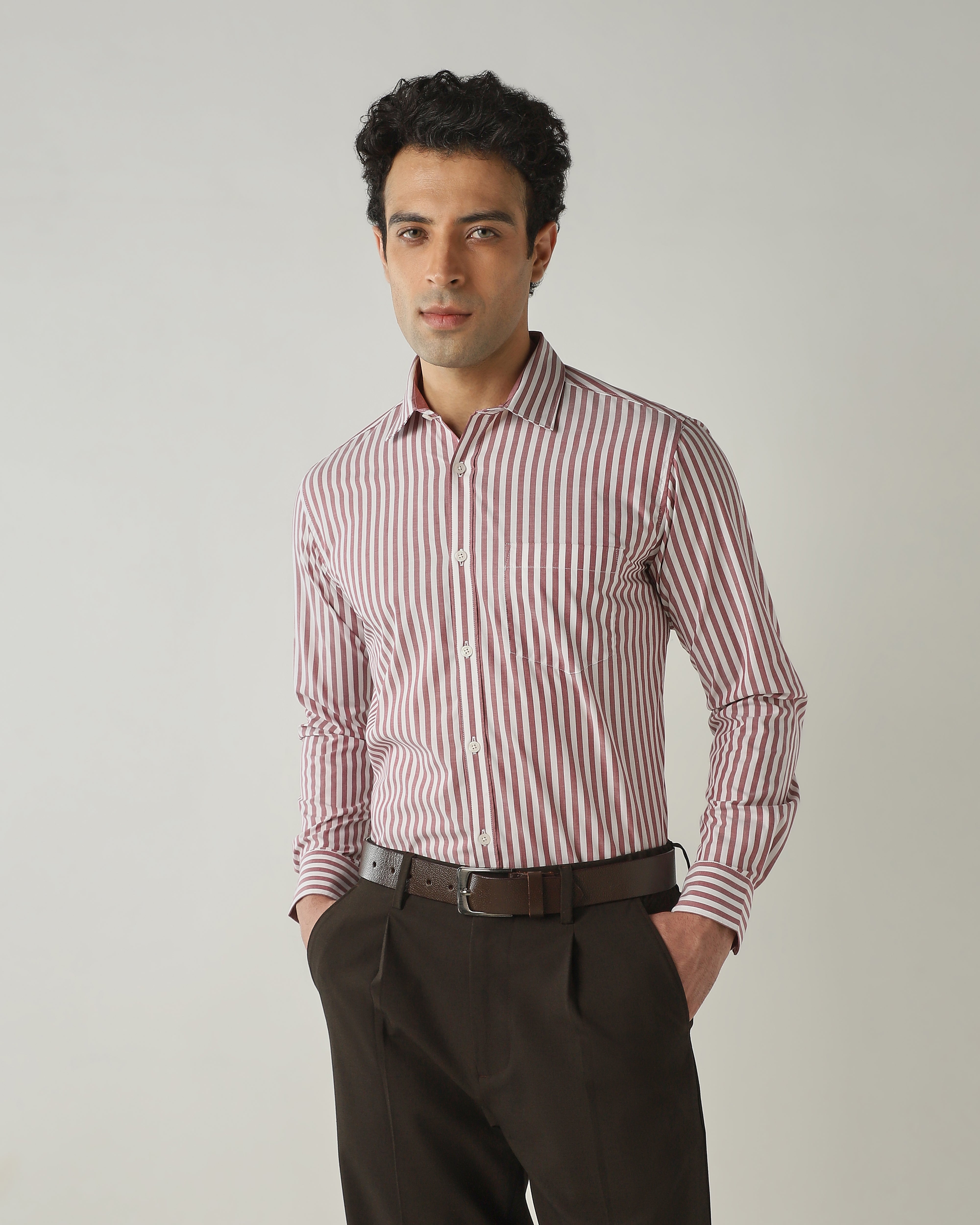 Shirt Maroon/White Slim Fit 100% Cotton