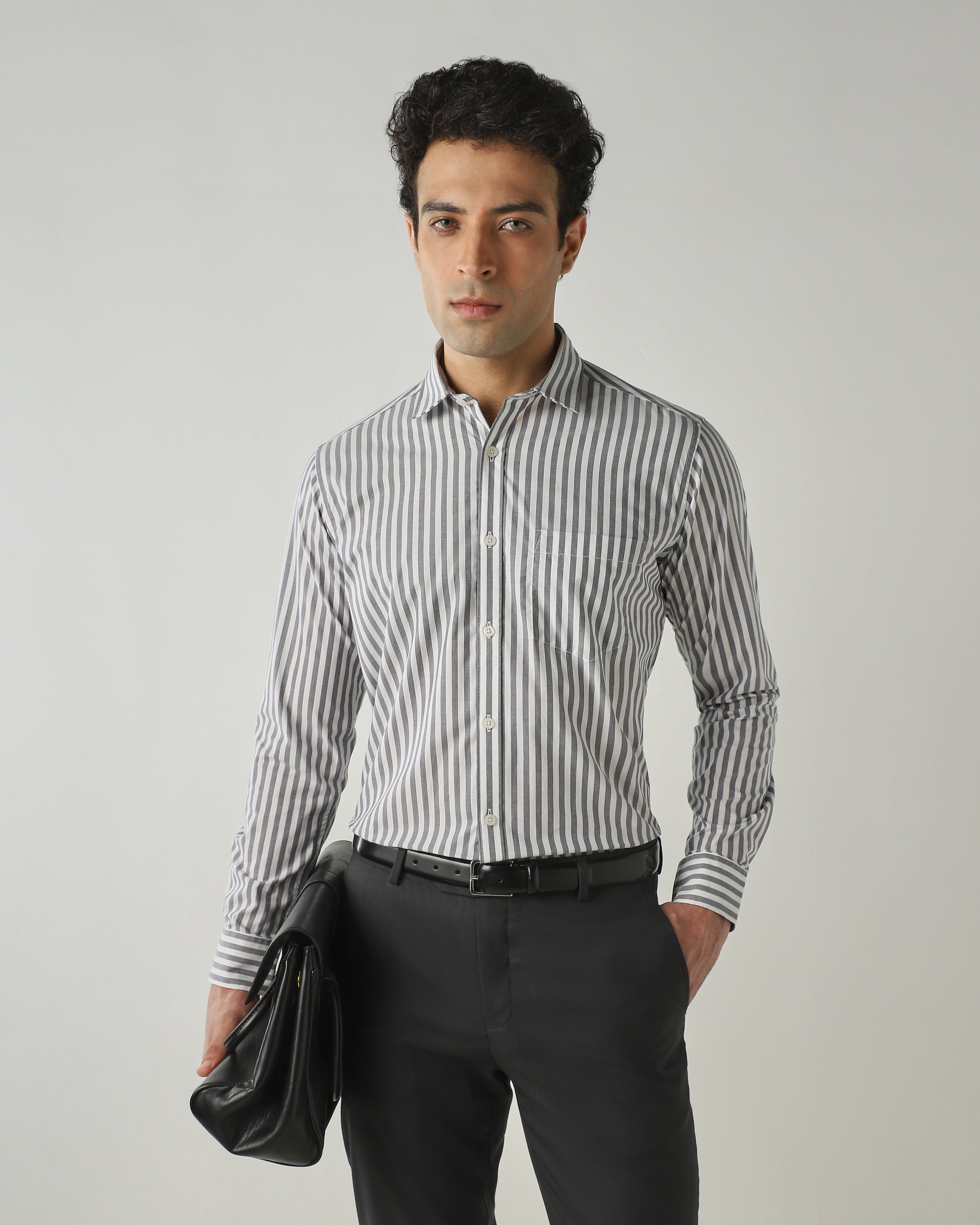 Shirt White/Lt Grey Slim Fit 100% Cotton
