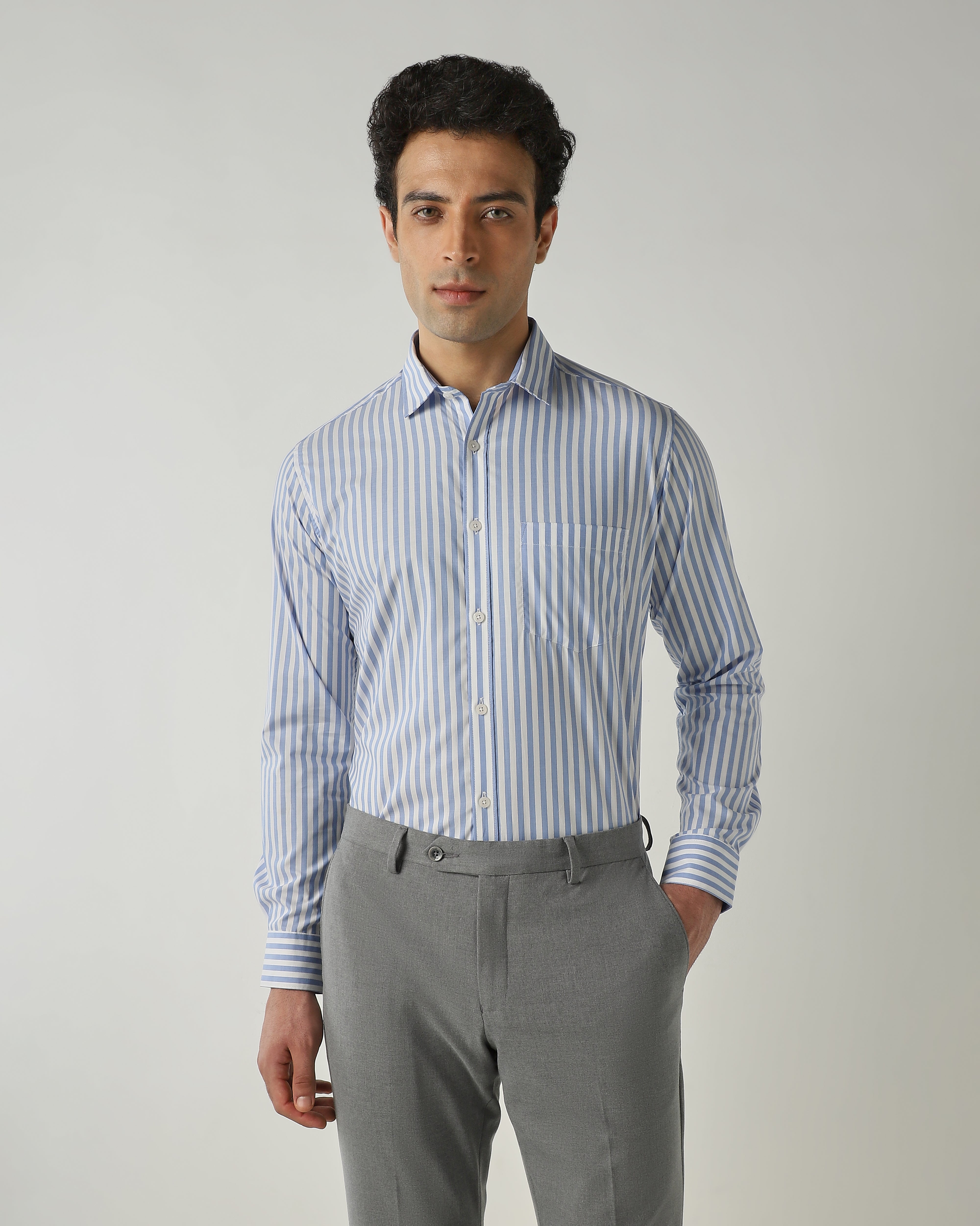 Shirt White/Sky Blue Slim Fit 100% Cotton
