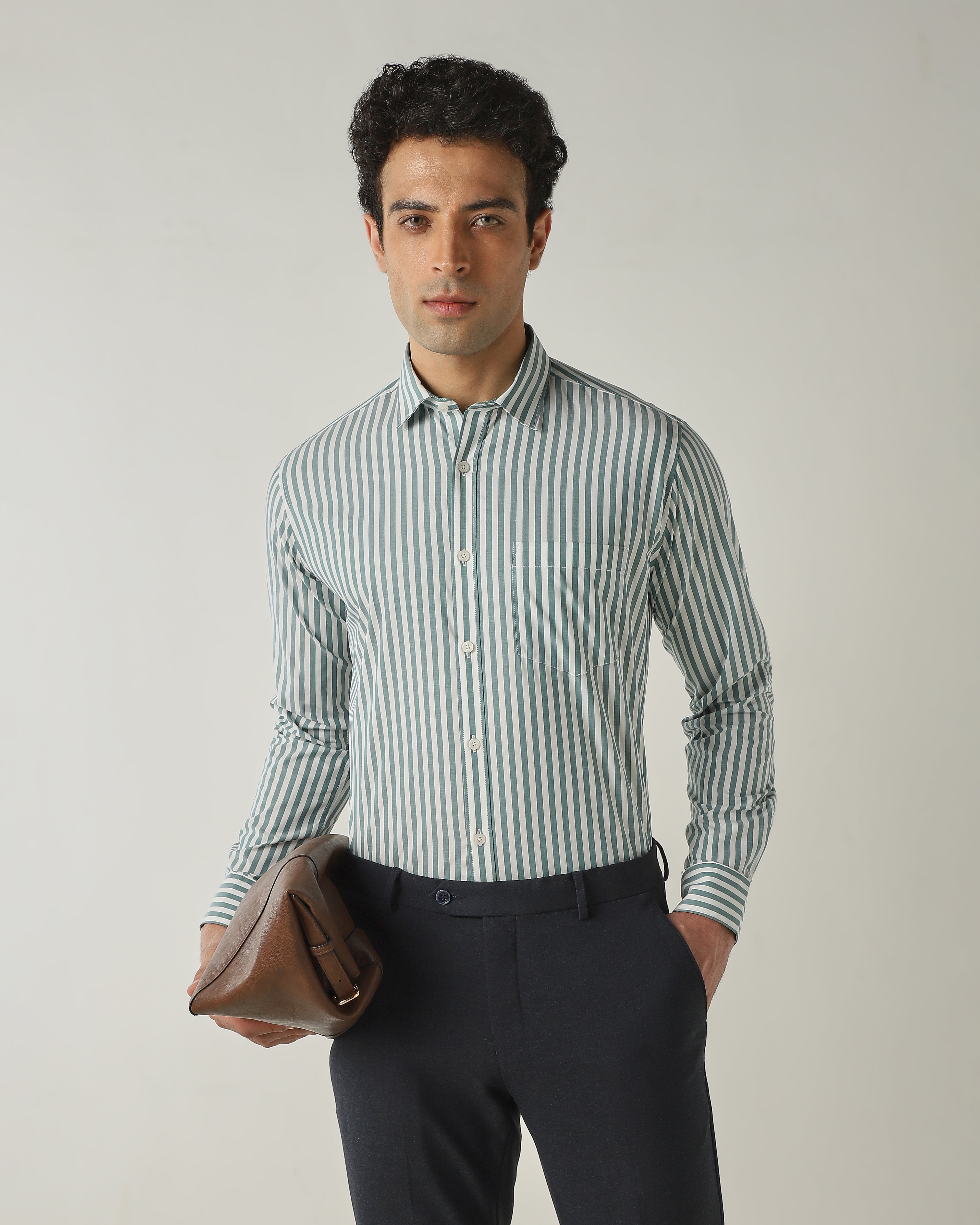 Shirt WHITE/GREEN Slim Fit 100% Cotton