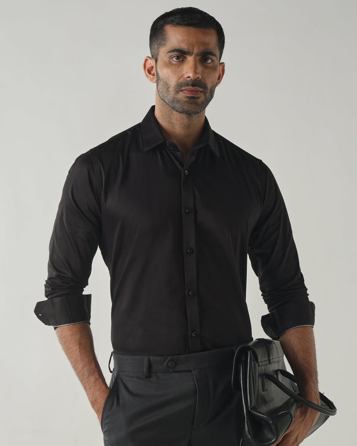 Men's cotton stretch Plain Slim Fit Full Sleeve Formal Shirt - Black