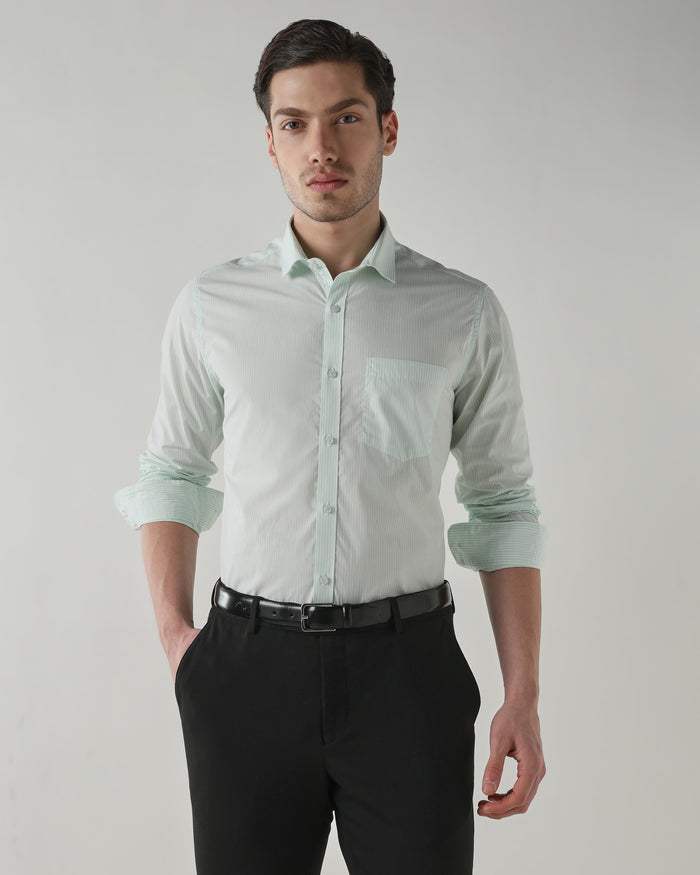 Men's Pure Cotton Stripe Stripe Slim Fit Full Sleeve Casual Shirt - White & Green
