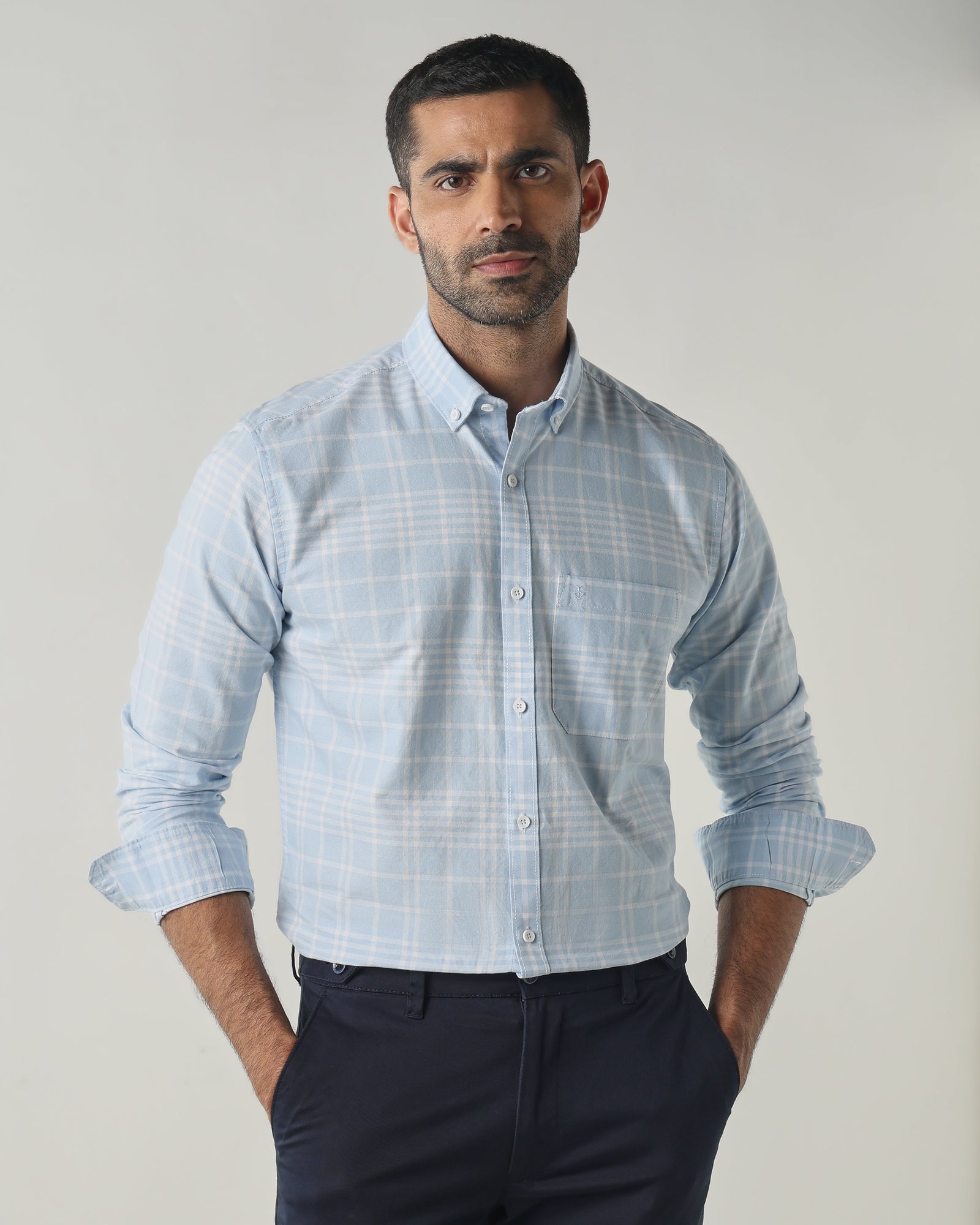 White/Sky Blue Slim fit Smart Casual Shirts