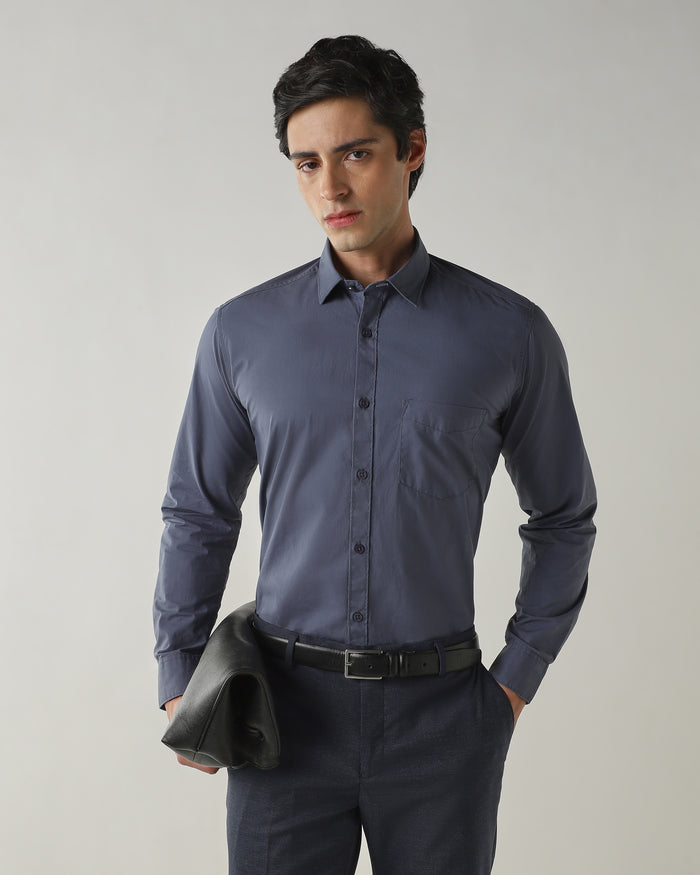 Men's Pure Cotton Plain Slim Fit Full Sleeve Casual Shirt - Blue